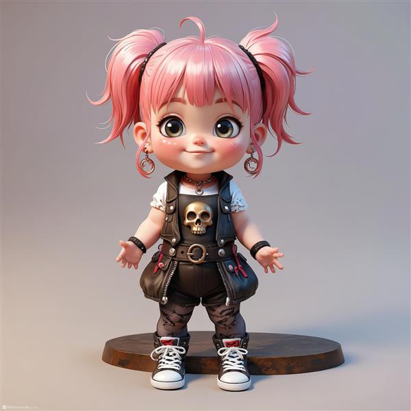 عروسک دختر پاپ راک با موی صورتی دم اسبی، لباس چرم و کتانی، استایل فانتزی چیبی