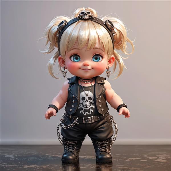 عروسک چیبی با استایل متال راک، جلیقه و شلوار چرمی مشکی، زنجیر و جمجمه، مناسب پوستر