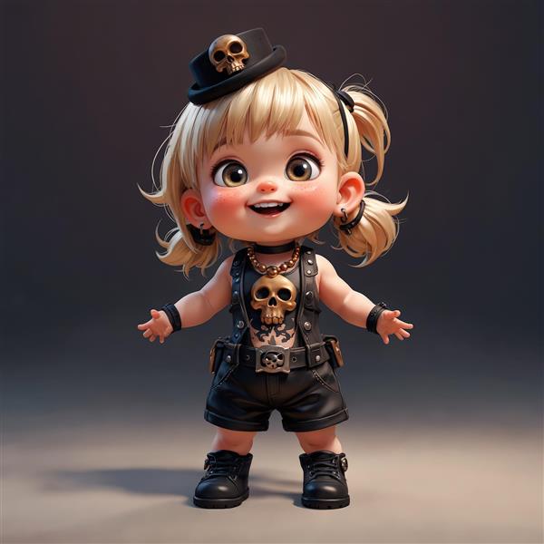 عروسک دخترانه با موهای بلوند دم اسبی، لباس چرم مشکی و کلاه اسکلتی، سبک گوثیک چیبی