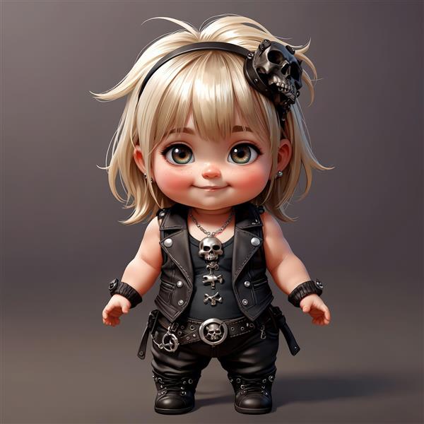 عروسک چیبی دختر بلوند با استایل متال و راک، وست چرم و اکسسوری اسکلت