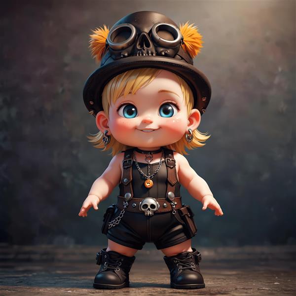کاراکتر دختر پانک مو بلوند با کلاه کپی اسکلتی، کت و دامن چرمی، در صحنه تیره با دکور طلایی