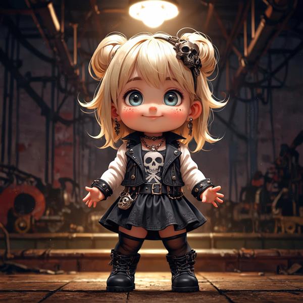 کاراکتر دختر پانک مو بلوند با کلاه استیم‌پانک اسکلتی، لباس چرمی و چکمه، طرح تمام قد