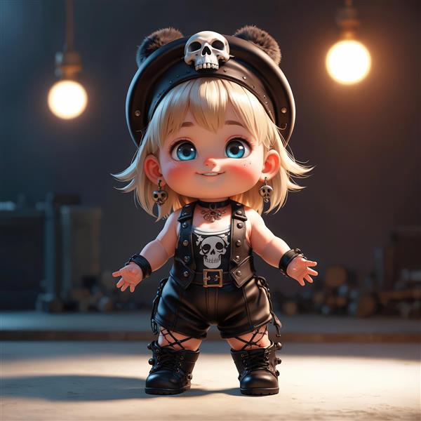 کاراکتر دختر پانک مو بلوند با هدبند، تی‌شرت اسکلتی و شلوار چرمی، ژست شاد در صحنه صنعتی