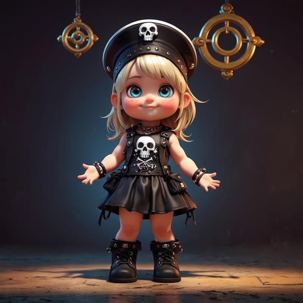 کاراکتر دختر پانک مو بلوند با موهای دم اسبی، کلاه اسکلتی، کت و دامن چرمی در صحنه صنعتی