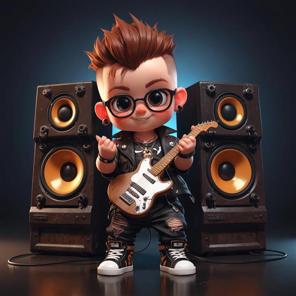 کاراکتر کودک پانک مو سفید در حال ژست‌گیری با جلیقه چرمی و شلوارک، طرح استایل راک تابستانی