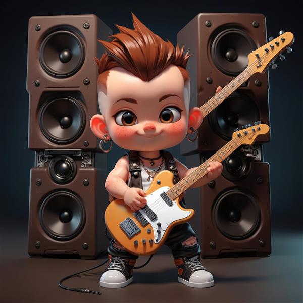 کاراکتر کودک پانک با موی سفید و جلیقه چرمی در مقابل دایره نئونی طلایی، طرح دکوراتیو هندسی