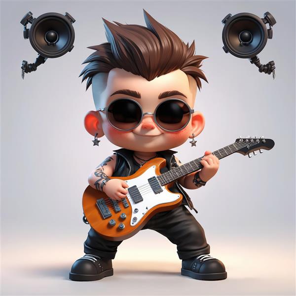 نوازنده گیتار الکتریک سفید با موی سفید، در حال نواختن و لبخند زدن در پس‌زمینه ساده