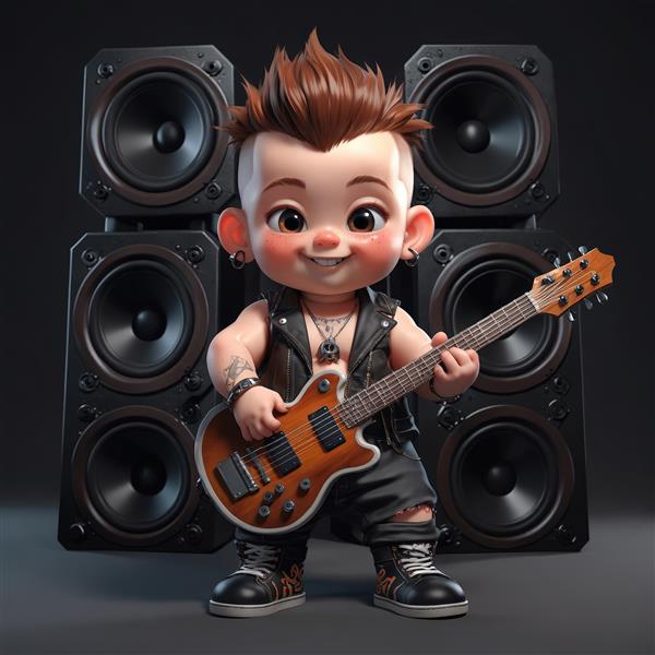 کاراکتر کودک پانک با موی سفید، کت چرمی و عینک در مقابل میکروفون استودیویی، پرتره خواننده