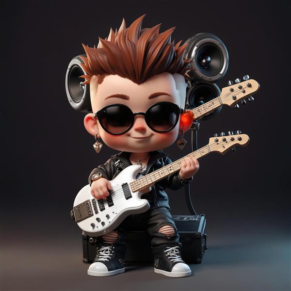 نوازنده گیتار الکتریک مشکی با موی قهوه‌ای در صحنه کنسرت با اسپیکرهای روشن و نورپردازی