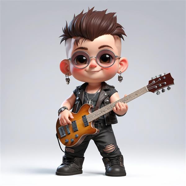 کاراکتر کودک پانک مو سنوازنده گیتار الکتریک چوبی با موی قهوه‌ای و عینک آفتابی، در پس‌زمینه سفید و مینیمال