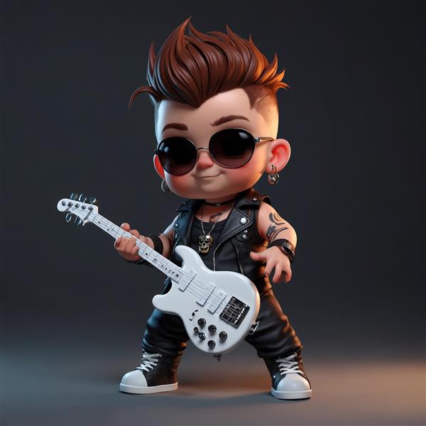 کاراکتر کودک پانک مو سفید و سیاه با استایل اسپرت راک، جلیقه و شلوارک چرمی