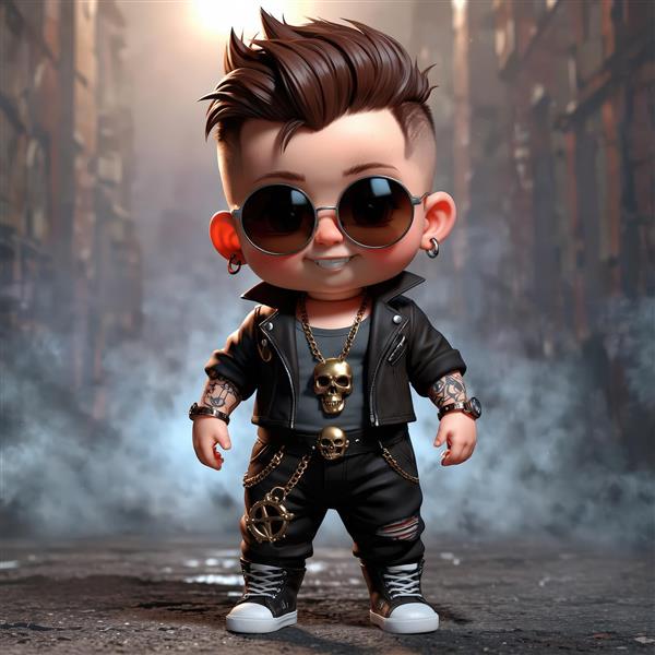 کاراکتر کودک پانک با موی سفید و کت چرمی مشکی، طرح پرتره استایل خیابانی و گوتیک