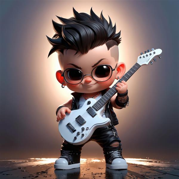 نوازنده گیتار الکتریک سفید با موی سفید و سیاه، لبخند شاد در پس‌زمینه ساده استودیویی