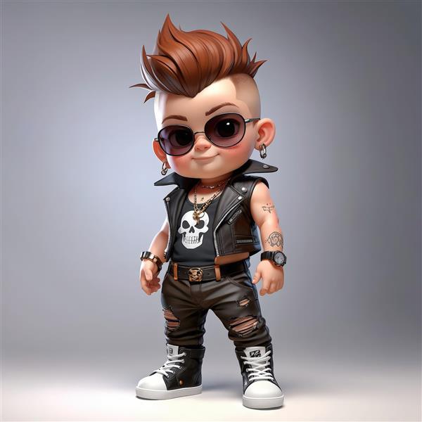 کاراکتر کودک پانک مو سفید و سیاه در مقابل یک دایره روشن، طرح دکوراتیو هندسی و راک