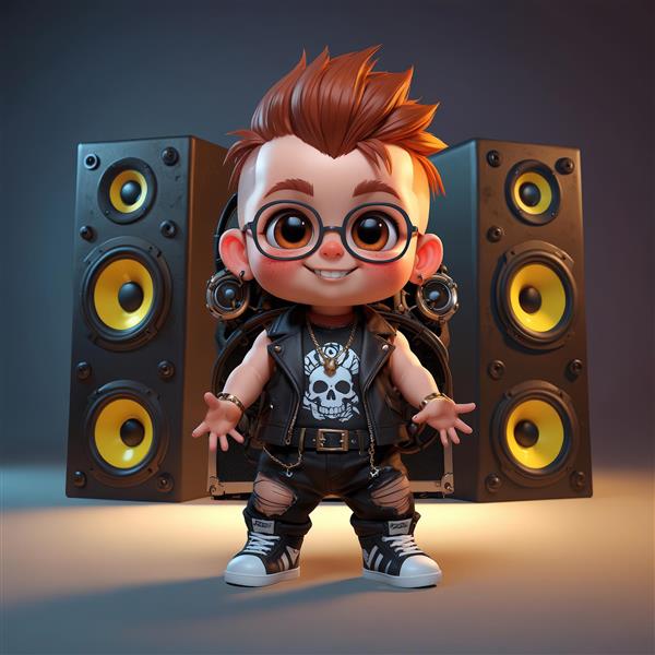 کاراکتر کودک پانک مو سیاه و سفید با عینک آفتابی، در حال نواختن گیتار الکتریک سفید