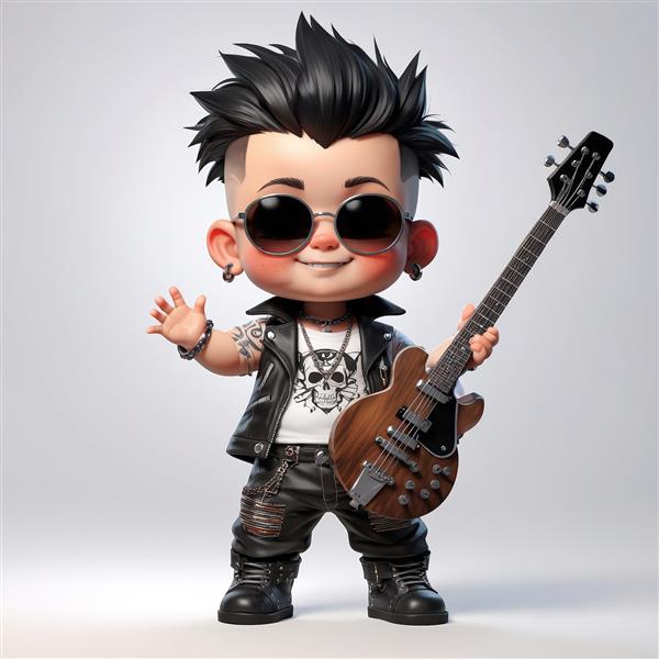 کاراکتر کودک پانک با موی سیاه و سفید و جلیقه چرمی، طرح پرتره و استایل گوتیک