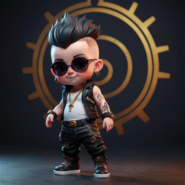 کاراکتر کودک پانک با گیتار الکتریک سفید و موی سیاه، در حال نواختن و ژست گرفتن با لبخند