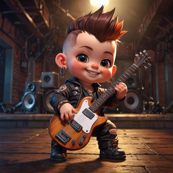 کاراکتر کودک پانک با موی سفید، عینک و کت چرمی در مقابل میکروفون، پرتره استودیویی