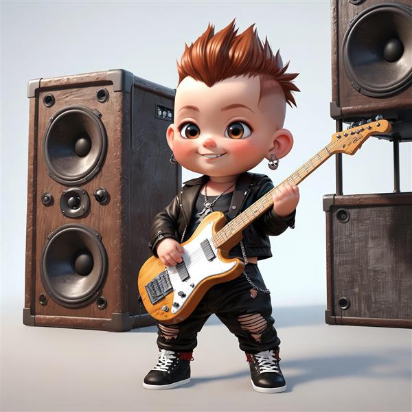 کاراکتر کودک پانک مو سیاه در مقابل میکروفون روی استند، با جلیقه و شلوار چرمی، آماده اجرا