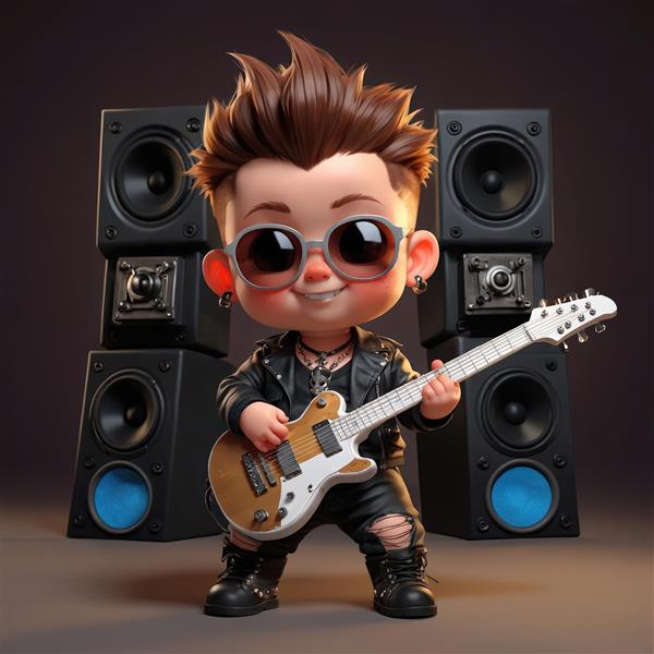 کاراکتر کودک پانک مو سیاه با جلیقه چرمی و عینک آفتابی روی سر، در حال ژست‌گیری در پس‌زمینه تیره