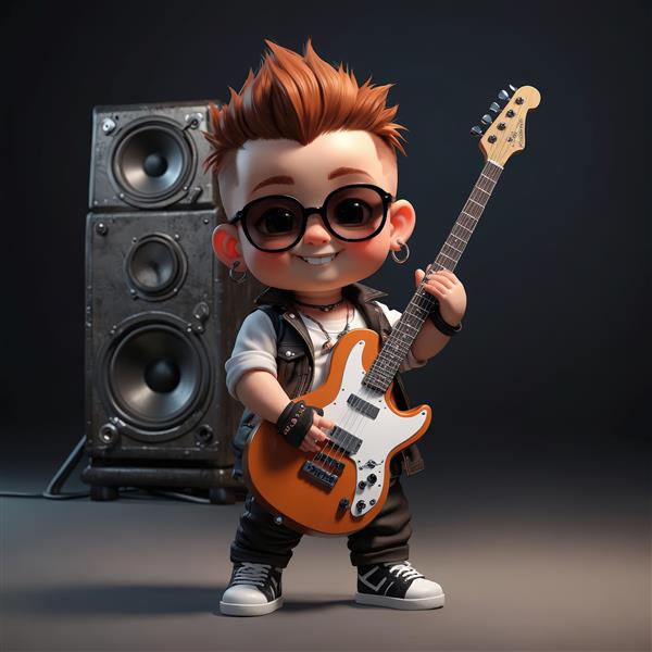 کاراکتر کودک پانک مو سیاه با ژست‌های مختلف در مقابل سیستم صوتی، طرح گرافیکی موسیقی
