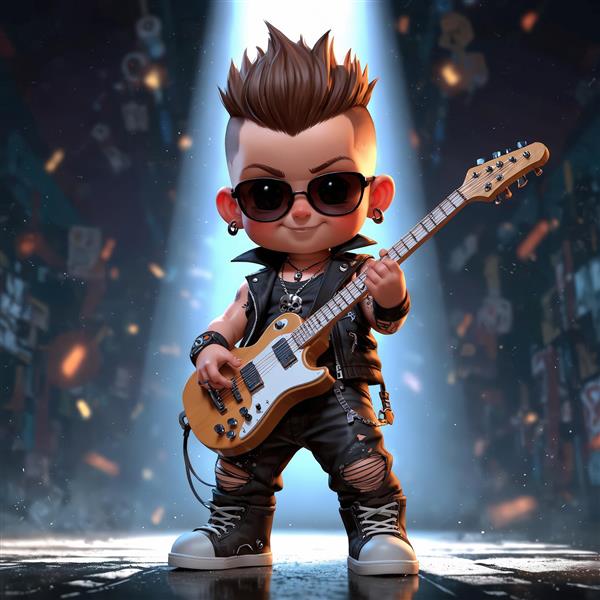 کاراکتر کودک پانک مو سیاه در حال آواز خواندن با میکروفون در مقابل سیستم صوتی با نور قرمز