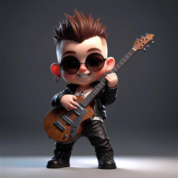 کاراکتر کودک پانک مو سفید و سیاه با جلیقه چرمی و عینک آفتابی، طرح پرتره استایل راک