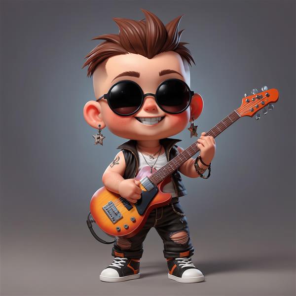 پرتره تمام قد کاراکتر کودک پانک با موی سفید، عینک و جلیقه چرمی در حال ژست‌گیری، طرح گوتیک