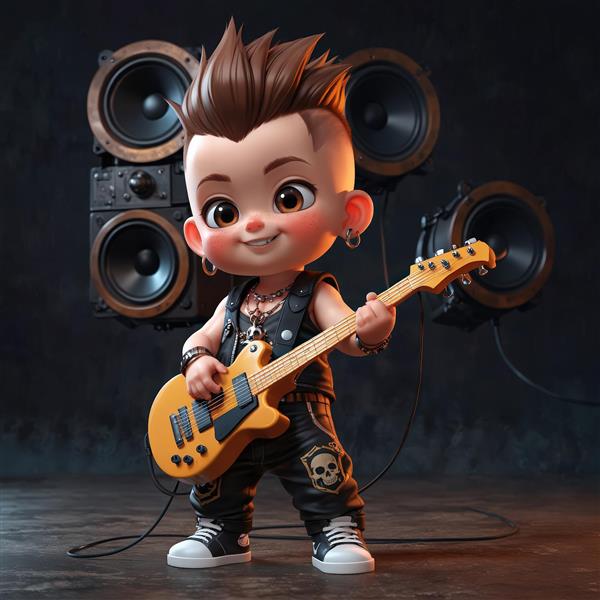 کاراکتر کودک پانک با موی سیاه، عینک و کت چرمی روی استند، تصویر پرتره موزیکال