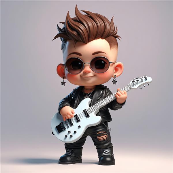 نوازنده گیتار الکتریک سفید با موی قهوه‌ای و عینک روی مو، در پس‌زمینه تیره استودیویی