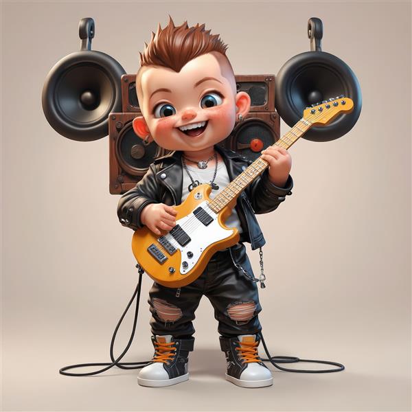 نوازنده گیتار الکتریک قرمز با موی نارنجی/قرمز، در مقابل اسپیکرهای بزرگ مشکی و نورپردازی