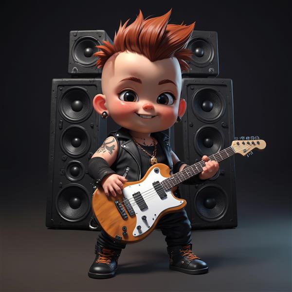 نوازنده گیتار الکتریک سفید با موی قهوه‌ای، در مقابل اسپیکرهای بزرگ مشکی با نور پس‌زمینه