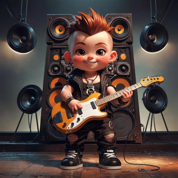 نوازنده گیتار الکتریک نارنجی با موی قهوه‌ای، در مقابل ست بزرگ اسپیکر با نورهای صحنه