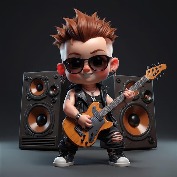 نوازنده گیتار کودک پانک مو قهوه‌ای با عینک و گیتار چوبی، در مقابل اسپیکر و نور