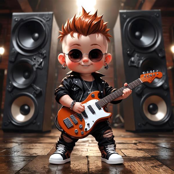 نوازنده گیتار الکتریک چوبی با موی قهوه‌ای، در مقابل اسپیکرهای بزرگ استودیویی