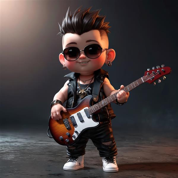 کاراکتر کودک پانک مو قهوه‌ای در حال نواختن گیتار الکتریک قرمز در صحنه پر نور و شاد