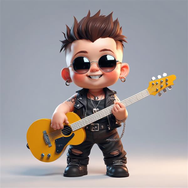 نوازنده گیتار الکتریک زرد با موی قهوه‌ای و عینک آفتابی، لبخند شاد در پس‌زمینه خنثی