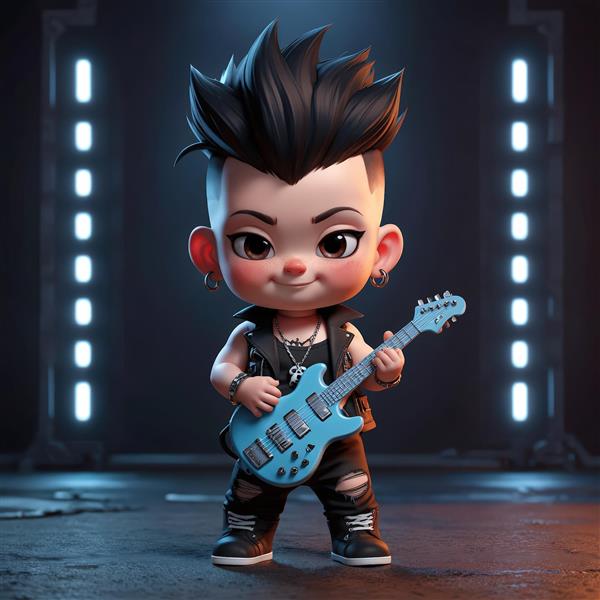 نوازنده گیتار الکتریک آبی با موی مشکی در پس‌زمینه نئونی با نوارهای نورانی، طرح کنسرت