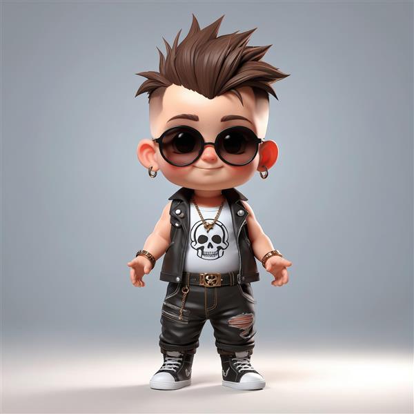 کاراکتر کودک پانک مو قهوه‌ای با تی‌شرت اسکلتی و جلیقه چرمی، طرح پرتره استایل راک