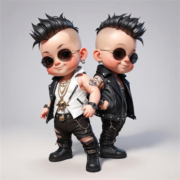 دو کاراکتر کودک پانک با استایل متفاوت در کنار هم، طرح گروه موسیقی و رفاقت