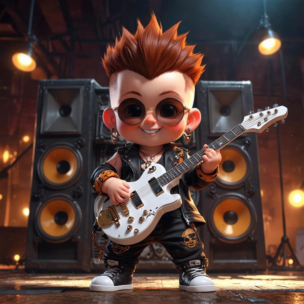 نوازنده گیتار الکتریک سفید با موی قهوه‌ای در صحنه کنسرت با اسپیکرهای بزرگ و نورپردازی