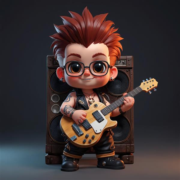 نوازنده گیتار الکتریک کودک پانک در مقابل اسپیکر چوبی بزرگ، طرح گرافیکی موسیقی راک