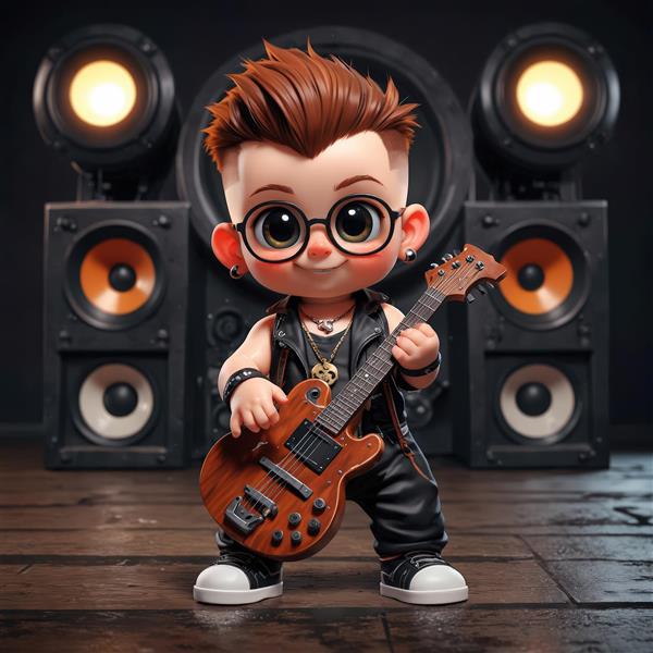 نوازنده گیتار کودک پانک با عینک طبی و گیتار چوبی، در میان اسپیکرهای بزرگ و نورافکن‌ها