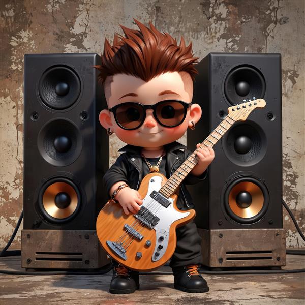 نوازنده گیتار الکتریک چوبی با موی قهوه‌ای در مقابل اسپیکرهای مشکی، تصویر استودیویی