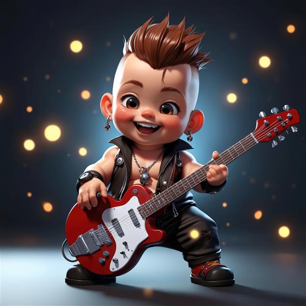 کاراکتر کودک پانک با گیتار الکتریک قرمز و لبخند شاد در صحنه نورانی، طرح موزیکال