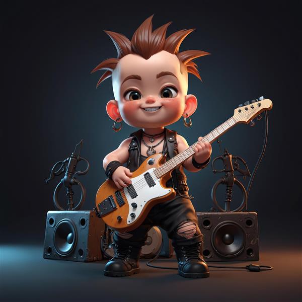 نوازنده گیتار الکتریک کارتونی مو بلوند با لبخند، در مقابل ست اسپیکرهای مشکی، تصویر شاد