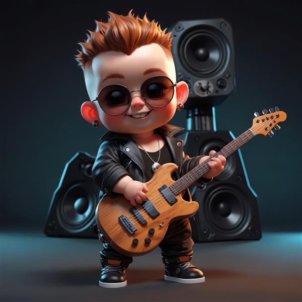 نوازنده گیتار الکتریک کارتونی مو بلوند با لبخند، در مقابل ست اسپیکرهای مشکی، تصویر شاد موسیقی