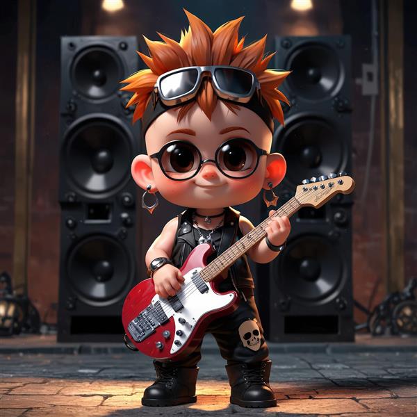 کاراکتر کودک پانک مو بلوند در مرکز حلقه نور نئونی آبی، با عینک آفتابی روی سر و ژست پر انرژی