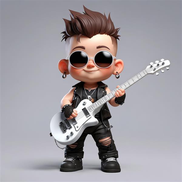 کاراکتر کودک پانک مو بلوند در مقابل ست بزرگ اسپیکرهای مشکی، با جلیقه چرمی و تجهیزات صوتی