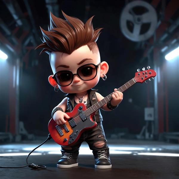 نوازنده گیتار بیس کارتونی با موی قهوه‌ای و عینک آفتابی، در حال اجرای موسیقی در پس‌زمینه صنعتی